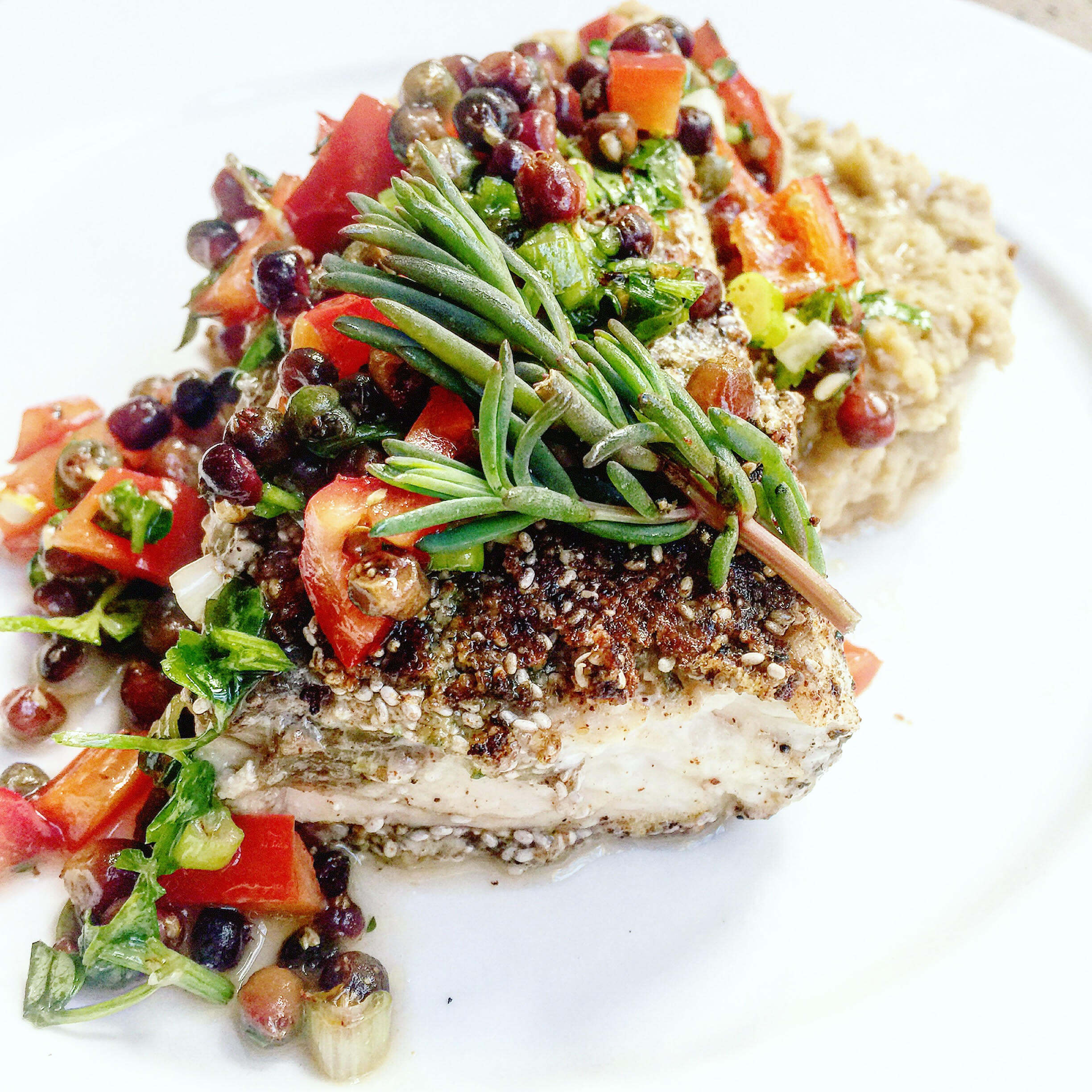 Chia Crusted Barramundi w/ Muntrie Salsa