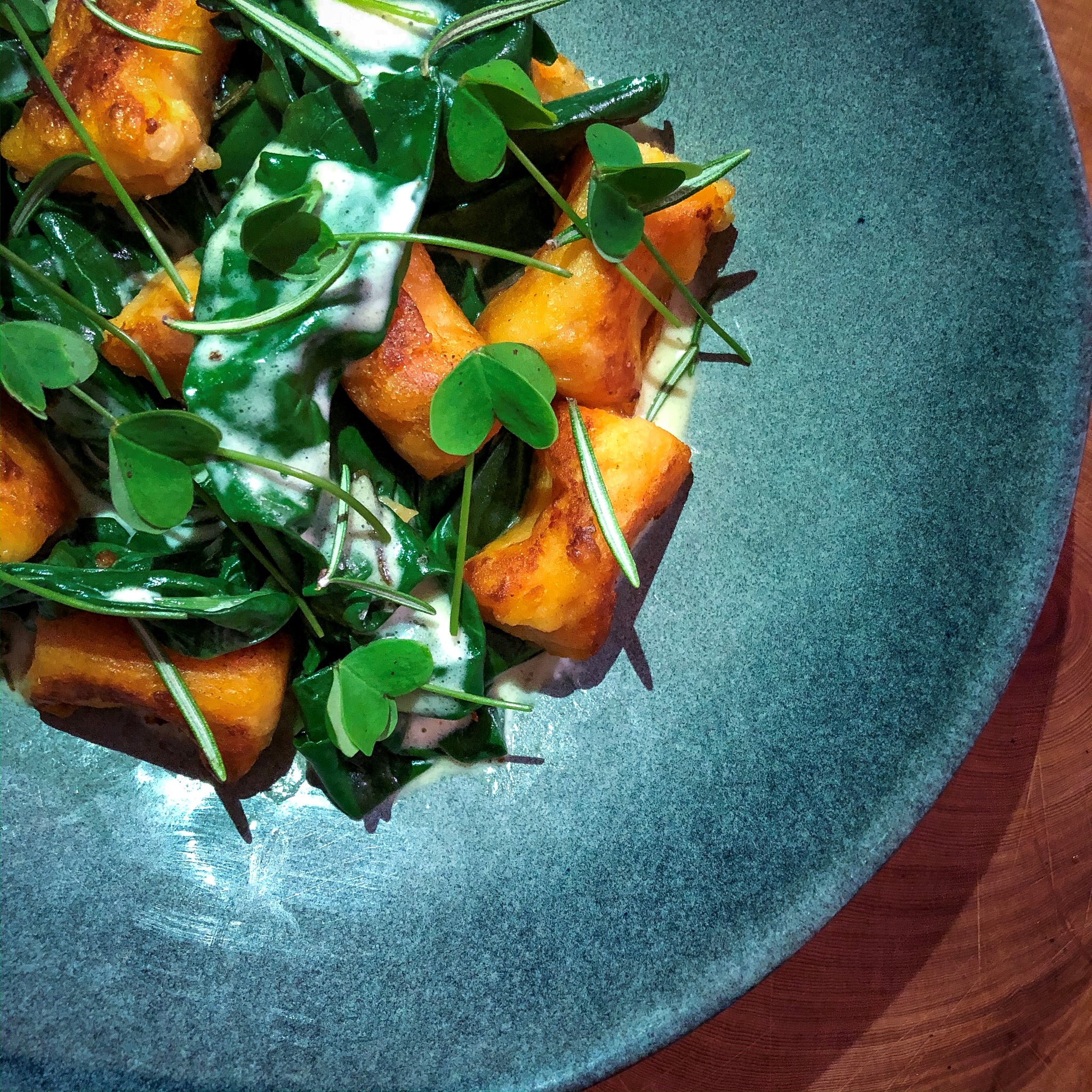 Recipe: Caramelised Sweet Potato Gnocchi, Sour Creamed Spinach, Garden Herbs and Weeds